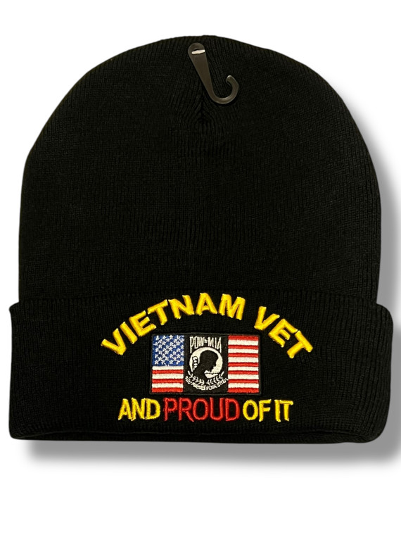 Black Vietnam Vet knit cap with POW-MIA emblem and American flags