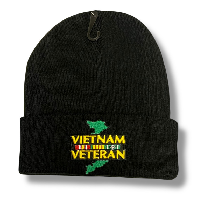 Black Vietnam Veteran knit cap with embroidered Vietnam map and service ribbons