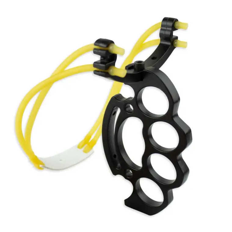 brass knuckle sling shot fully assembled with black brass knuckle, attachments and rubber sling.