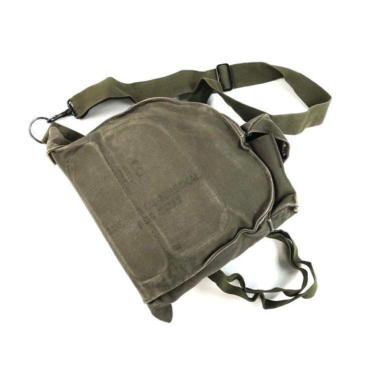 U.S. genuine issue chemical/biological gas mask bag with straps & OD green canvas material