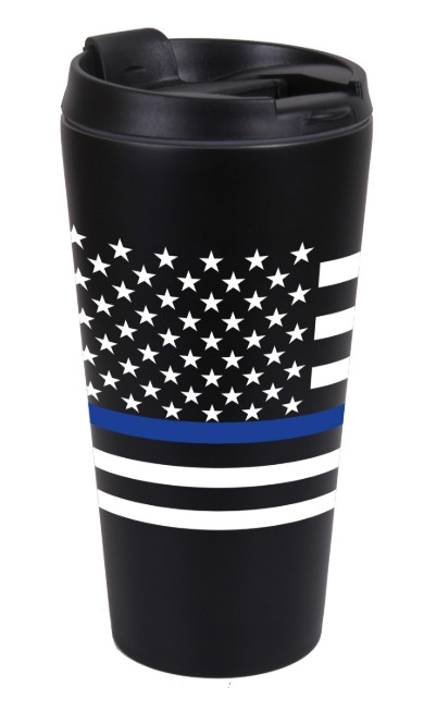thin blue line thermos with black and white america flag with blue line