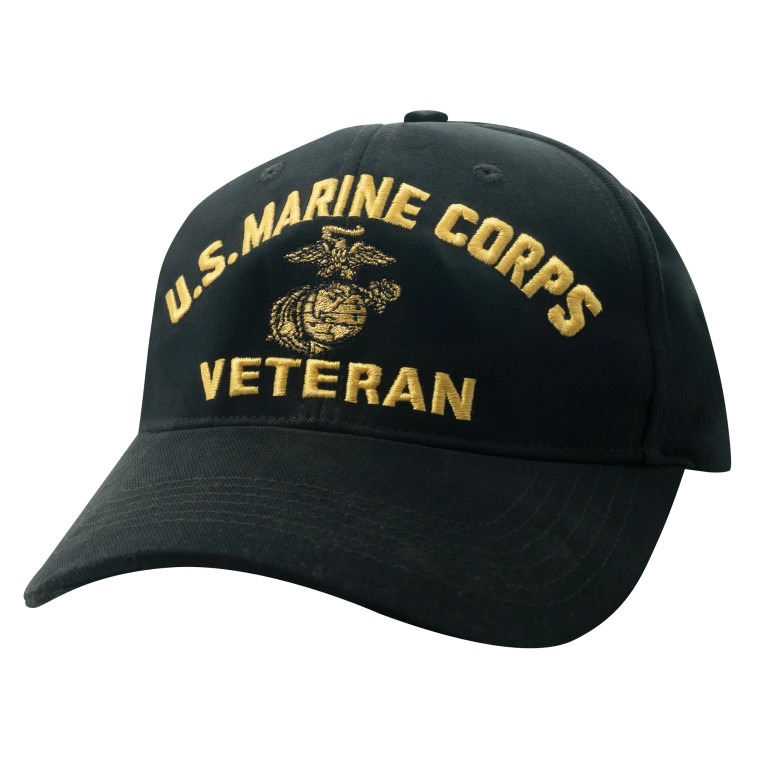 U.S. Marine Corps Veteran black hat with gold embroidered USMC Veteran lettering and Eagle Globe Anchor emblem