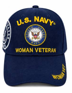Navy blue U.S. Navy Woman Veteran cap with embroidered U.S. Navy seal, gold lettering, and side Woman Vet embroidery, displayed on a white background.