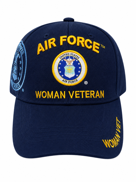 Front view of a navy blue Air Force Woman Veteran cap featuring the U.S. Air Force emblem, gold embroidered "AIR FORCE" and "WOMAN VETERAN" lettering, and side "WOMAN VET" embroidery.