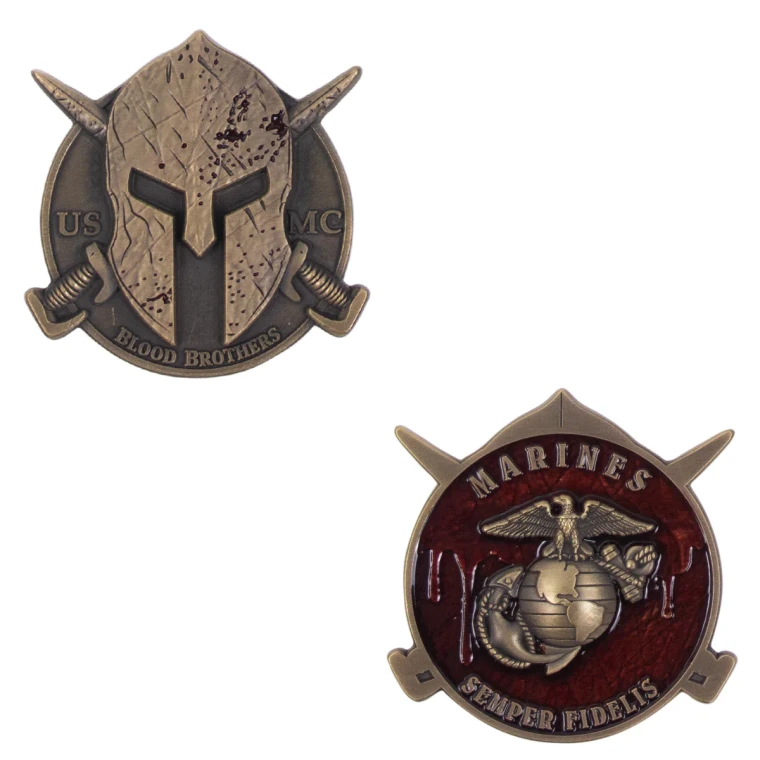 USMC Spartan Blood Brothers Challenge Coin featuring Spartan warrior artwork and United States Marine Corps symbolism.