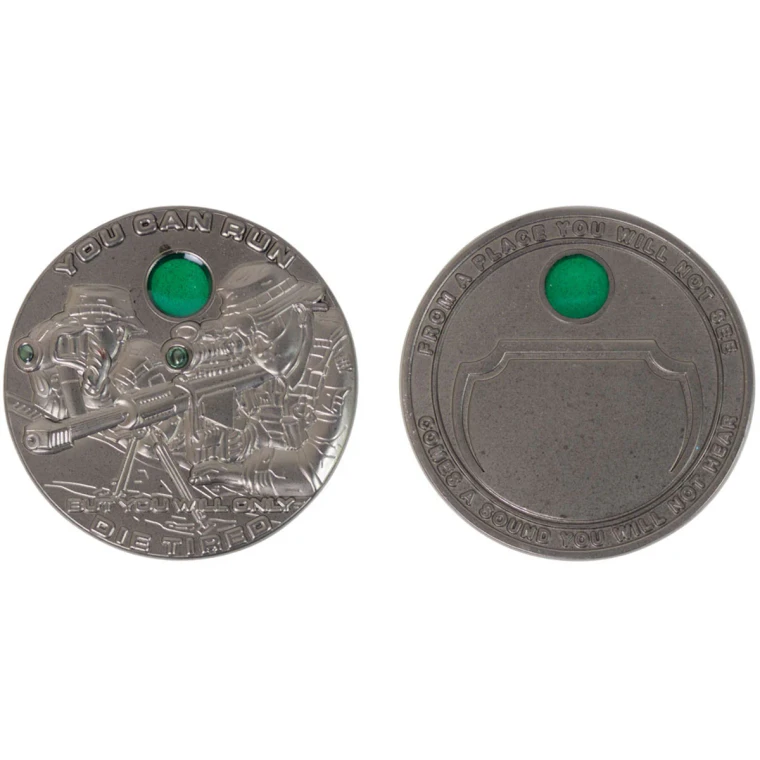 2-inch sniper challenge coin featuring a ghillie-suited marksman and the phrase "You Can Run But You Will Only Die Tired."