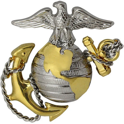 Marine Corps Officer Dress Cap Device regulation size gold and silver Eagle Globe and Anchor insignia.