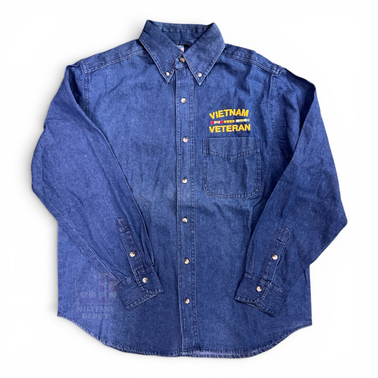 Vietnam Veteran Denim Long Sleeve Button Down Shirt with embroidered veteran design