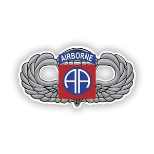 82nd Airborne Division shield and parachutist wings vinyl decal for vehicles, windows, and equipment made in the USA.
