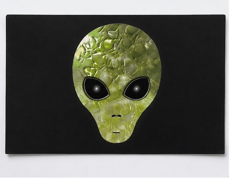 3 Inch x 5 Inch Green Alien Head Self-Adhesive Vinyl Decal on Black Background