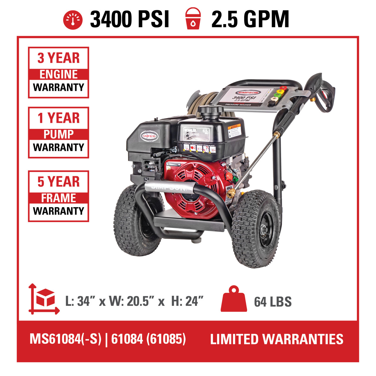Megashot MS61084(-S) 50-State 3400 PSI at 2.5 GPM KOHLER® SH270 with OEM Technologies™ Axial Cam Pump Cold Water Premium Residential Gas Pressure Washer