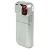 Side view of the silver AlcoMate AL7000-F breath alcohol tester with a mouthpiece attached.