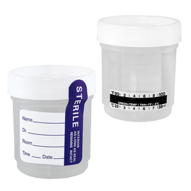 Specimen Collection Container 90mL x 53mm Sterile Temp Label White Cap