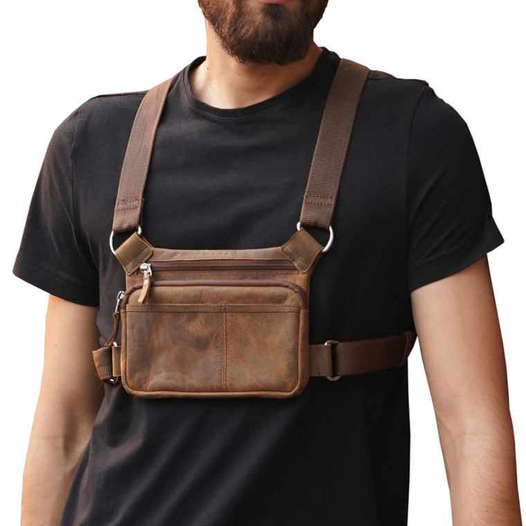 Tactical Bag Cross Body Bag Chest Pouch - Brown Leather