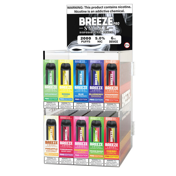 BREEZE SMOKE PRO 2000 PUFFS MIXED FLAVORS COUNTER DISPLAY #3 - 100CT PRE-FILLED