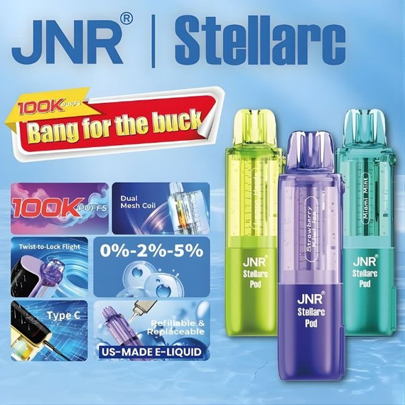 JNR STELLARC 5% DISPOSABLE POD (150ML) 100K PUFFS 5CT/ BOX (2 BOTTLES OF E-LIQ INCLUDED)