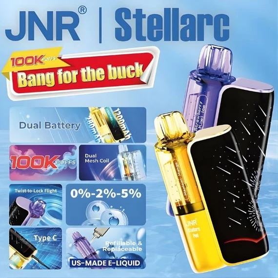 JNR STELLARC 5% DISPOSABLE KIT (150ML) 100K PUFFS 5CT/ BOX (2 BOTTLES OF E-LIQ INCLUDED)