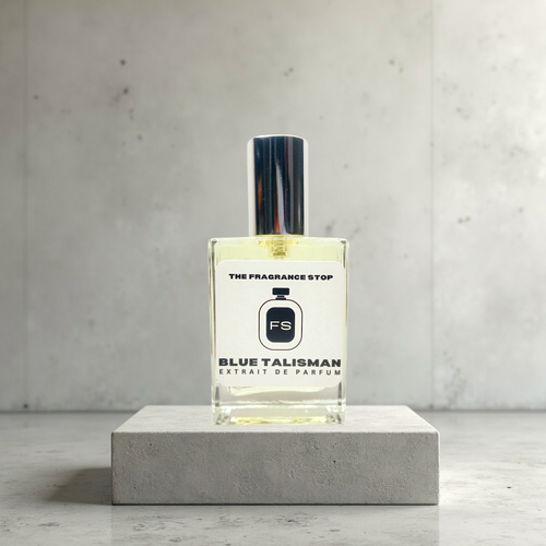 Blue Talisman extrait de parfum by The Fragrance Stop in a minimalist perfume bottle, fresh modern unisex fragrance with clean amber, soft woods and airy notes, luxury niche scent for daily wear