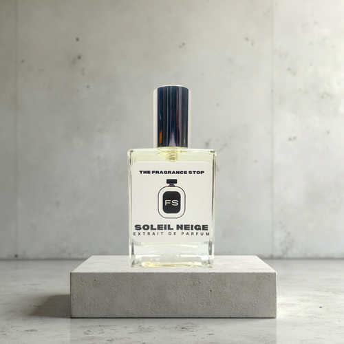 Soleil Neige extrait de parfum by The Fragrance Stop in a minimalist glass bottle, luxury niche fragrance inspired by fresh snowy musk, clean florals and soft woods, premium unisex perfume for everyday wear and winter elegance