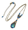 Bermuda Blue Teardrop Crystal Filigree Gold Necklace Jewelry for Women