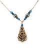 Bermuda Blue Teardrop Crystal Filigree Gold Necklace Jewelry for Women