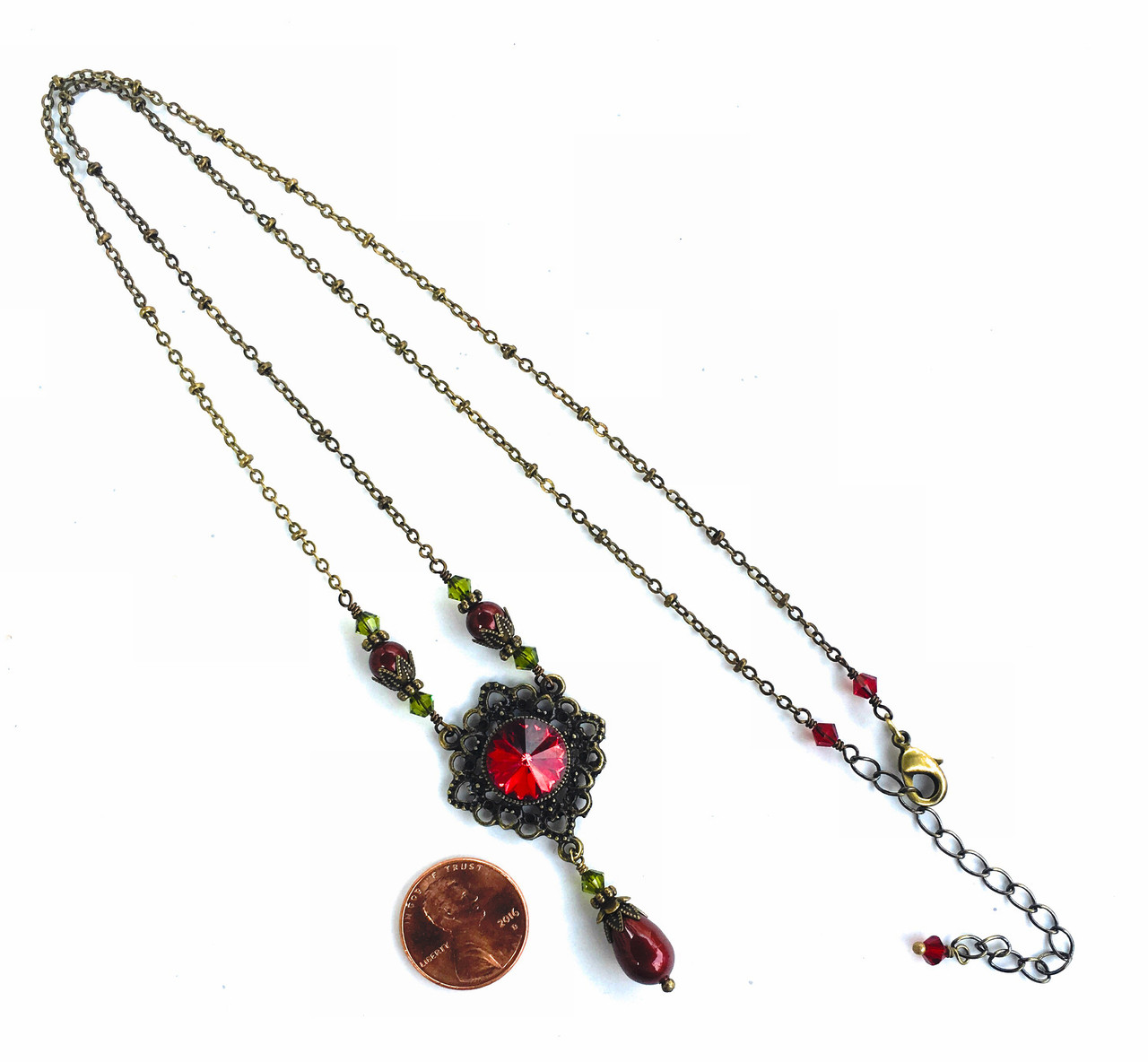 Gold Poinsettia and Red Crystal Necklace