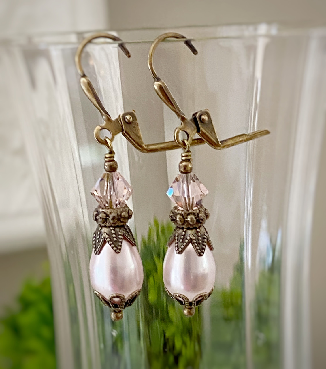 Pink Pearl and Crystal Earrings Antique Vintage Style Jewelry for Women  with Gift Box