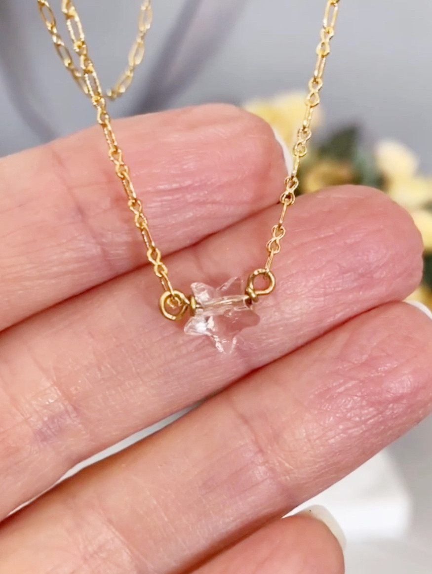 Star Crystal Necklace Gold tone Chain 