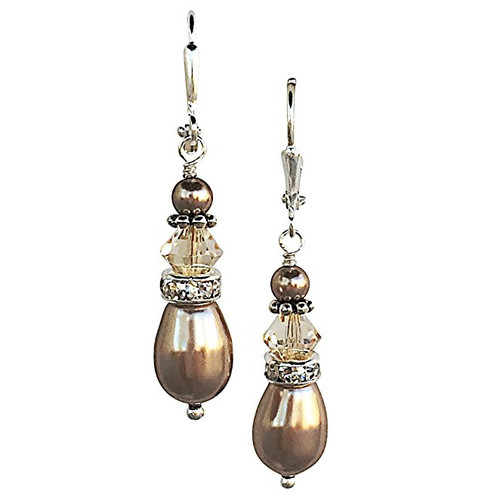 Pretty Bronze Pearl Crystal Dangle Drop Earrings Jewelry for Women Gift