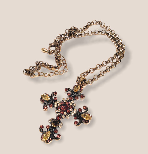 Cross Victorian Rhinestone Crystal Filigree Pendant Necklace