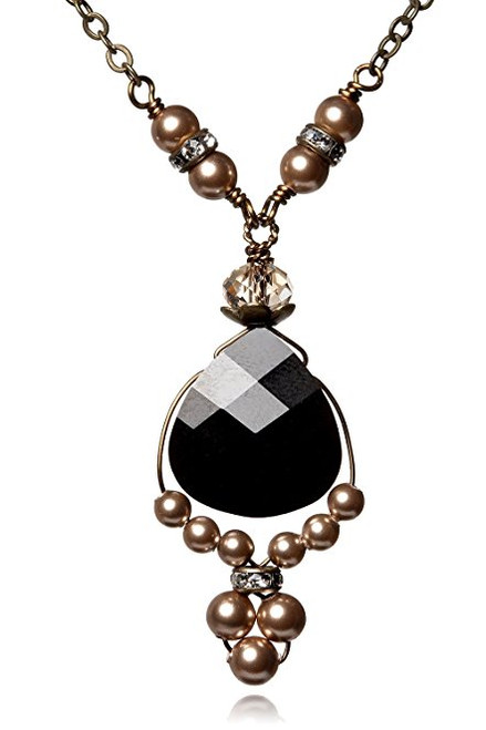 Jet Black Briolette Pendant Necklace and Simulated Pearls 18"+2"