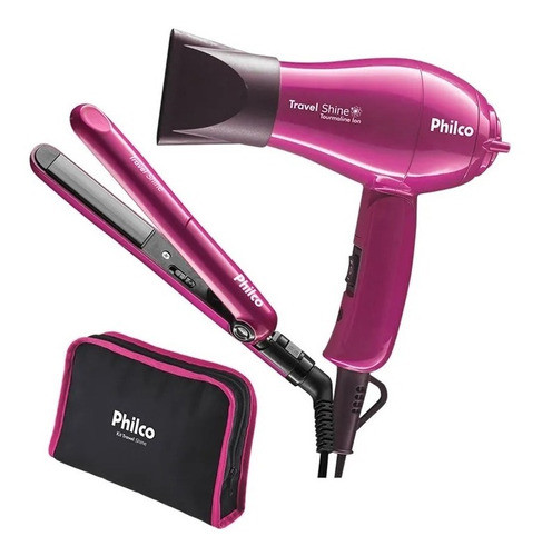 Philco Travel Shine Hair Dryer and Straightener Kit Pink with Bag