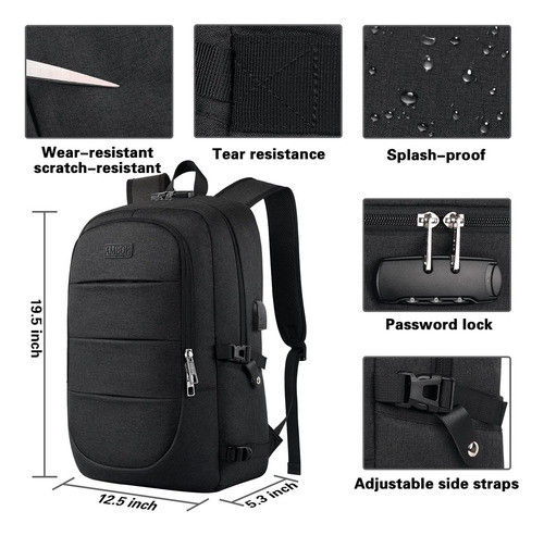 AMBOR Laptop Backpack for Travel, Work, Study in Black