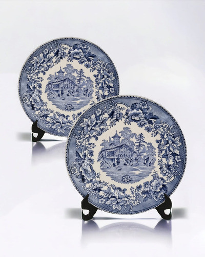 Par De Pratos Rasos Em Porcelana Azul  E Branco T.hughes 0