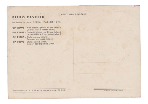 1942 Postal Italia Musico Piero Pavesio Con Dedicatoria Rara 1