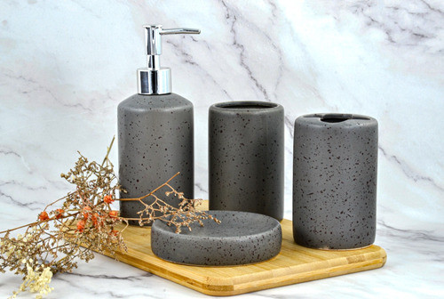Set De Baño X4 De Ceramica Gris Dispenser Jabonera Vaso 1