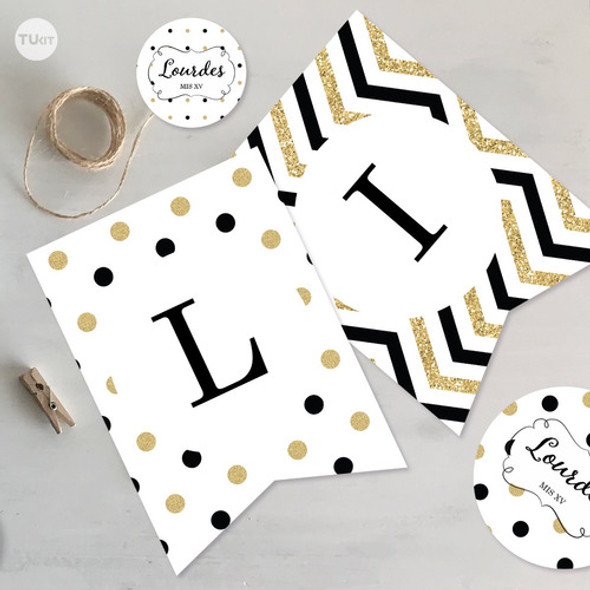 Kit Imprimible Glitter Dorado Blanco Negro Candy Bar Tukit 1