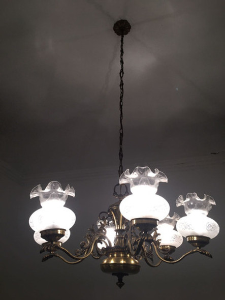 Antigua Araña De Bronce De 6 Luces Con Tulipas 0