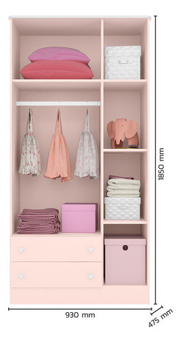Roupeiro 3 Portas Com 2 Gavetas Detalhe Rosa P/ Quarto Bebê 1
