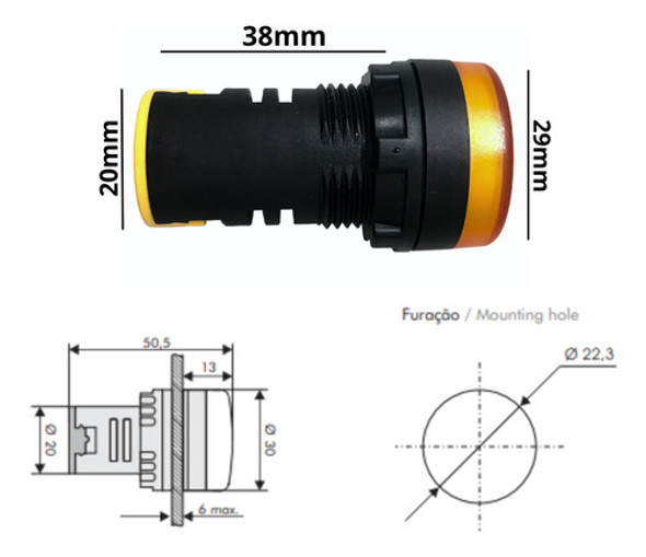 Sinaleiro Redondo L20-ar7-y Led 22mm - 24vcc/vca - Amarelo 1 Sinaleiro Redondo L20-ar7-y Led 22mm - 24vcc/vca - Amarelo 1