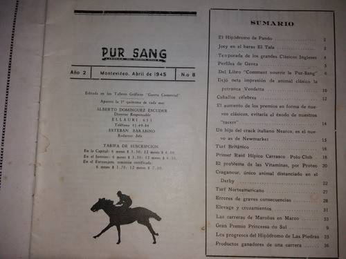 Revista Pur Sang 1945 Deporte Hipico 1er Raid Carrasco Polo 1