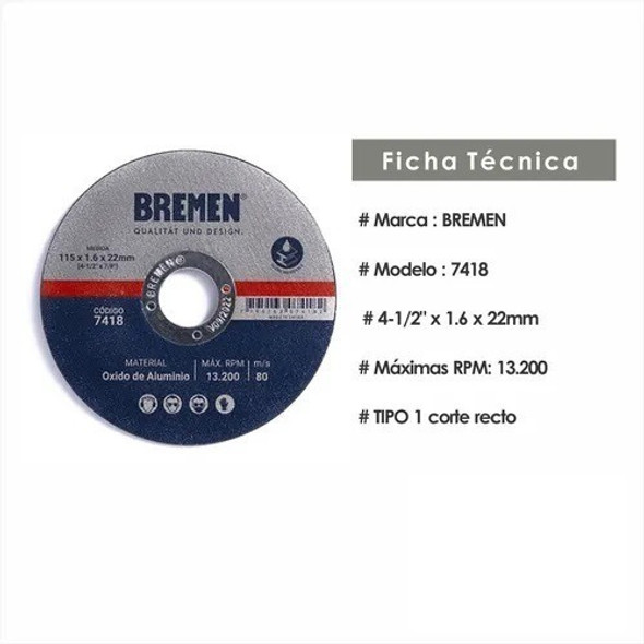 Disco Corte Amoladora Metal 115x1,6 Mm Caja 25u Bremen 7418 1