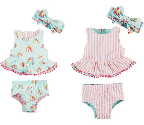 Mud Pie Girls Reversible Swimsuit & Headband Set, Rainbow, 3 0