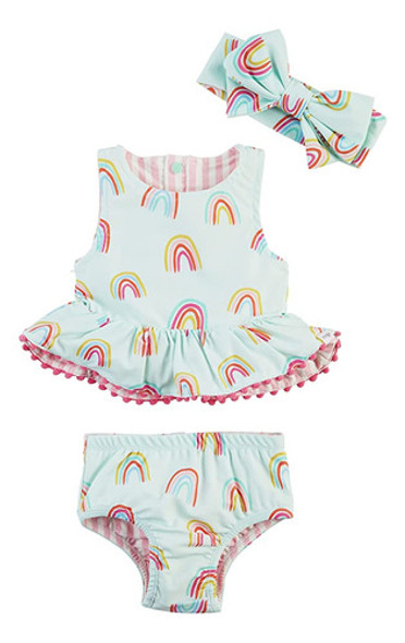 Mud Pie Girls Reversible Swimsuit & Headband Set, Rainbow, 3 1
