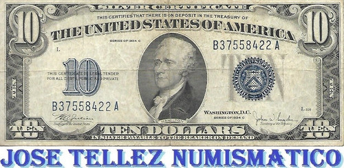Ee Uu Antiguo Billete 10 Dolares 1934 Sello Azul Mb- Palermo 0