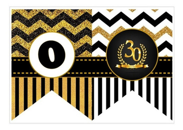 Banderines Imprimible Cumpleaños Personalizado Negro/dorado 1