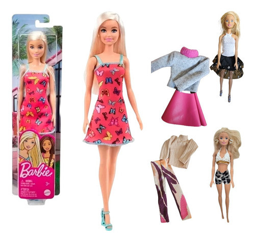Muñeca Barbie Original Mattel + 4 Conjuntos De Ropa Surtidos 0