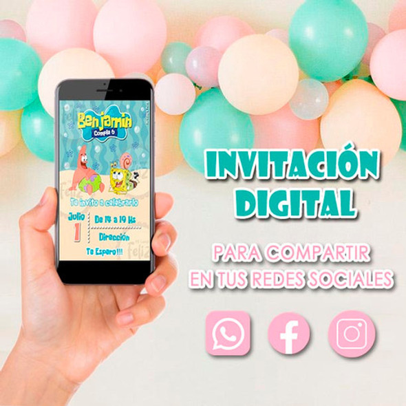 Invitación Digital Tarjeta Bob Esponja #1 Para Whatsapp 1