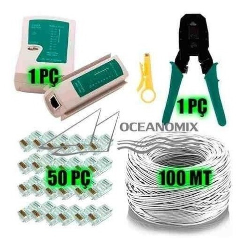 Kit 100m Cabo Rede Branco + Testador + Alicate + 50  Rj45 1