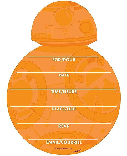 Único Grande Bb-8 Star Wars Invitations-8 Pcs, 5.38  X 3.82 1
